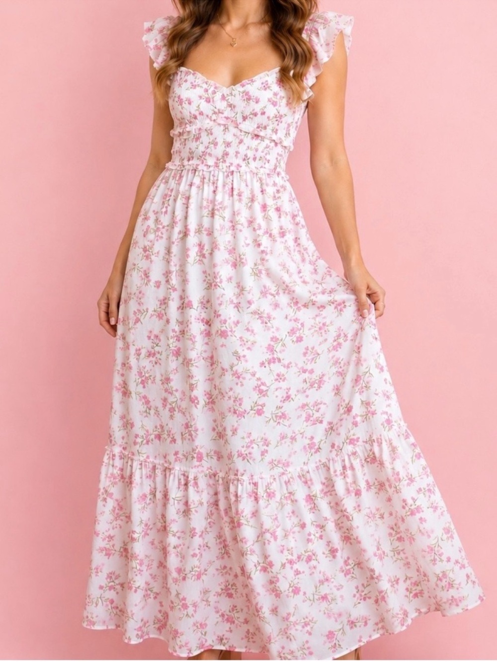 Altar'd State White Maxi Dress with Pink Floral Print